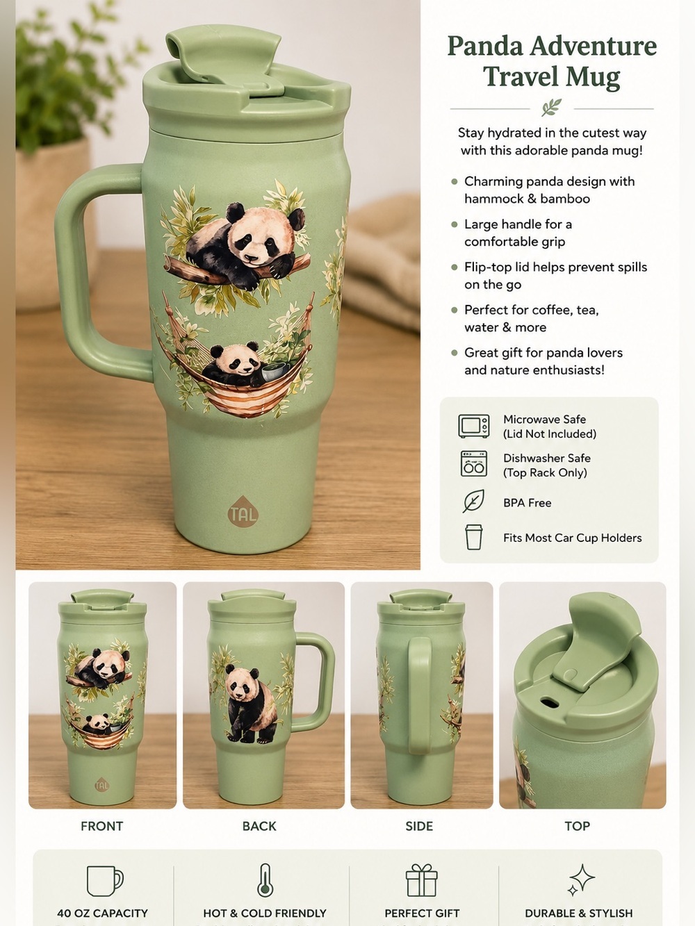 Hand Crafted Mint Green Panda Travel Tumbler scratch on handle